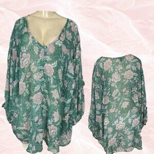 Torrid +6 Semi-Sheer Green Floral Button Down V-Neck 3/4 Blouson Sleeve Blouse
